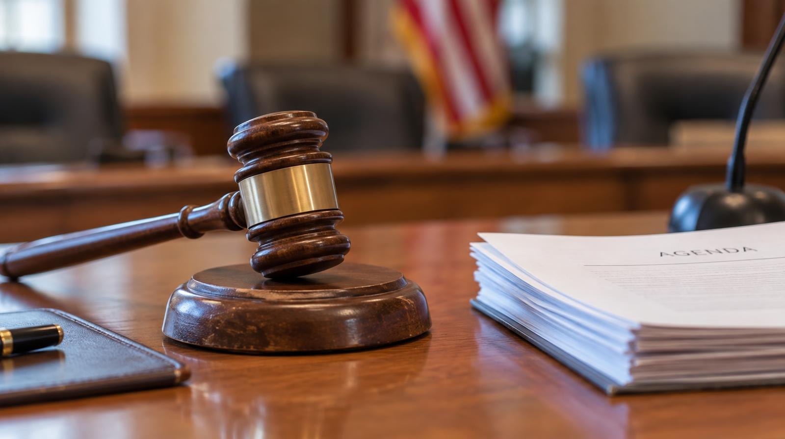 A wooden gavel on its sound block beside stacked documents on a polished table.