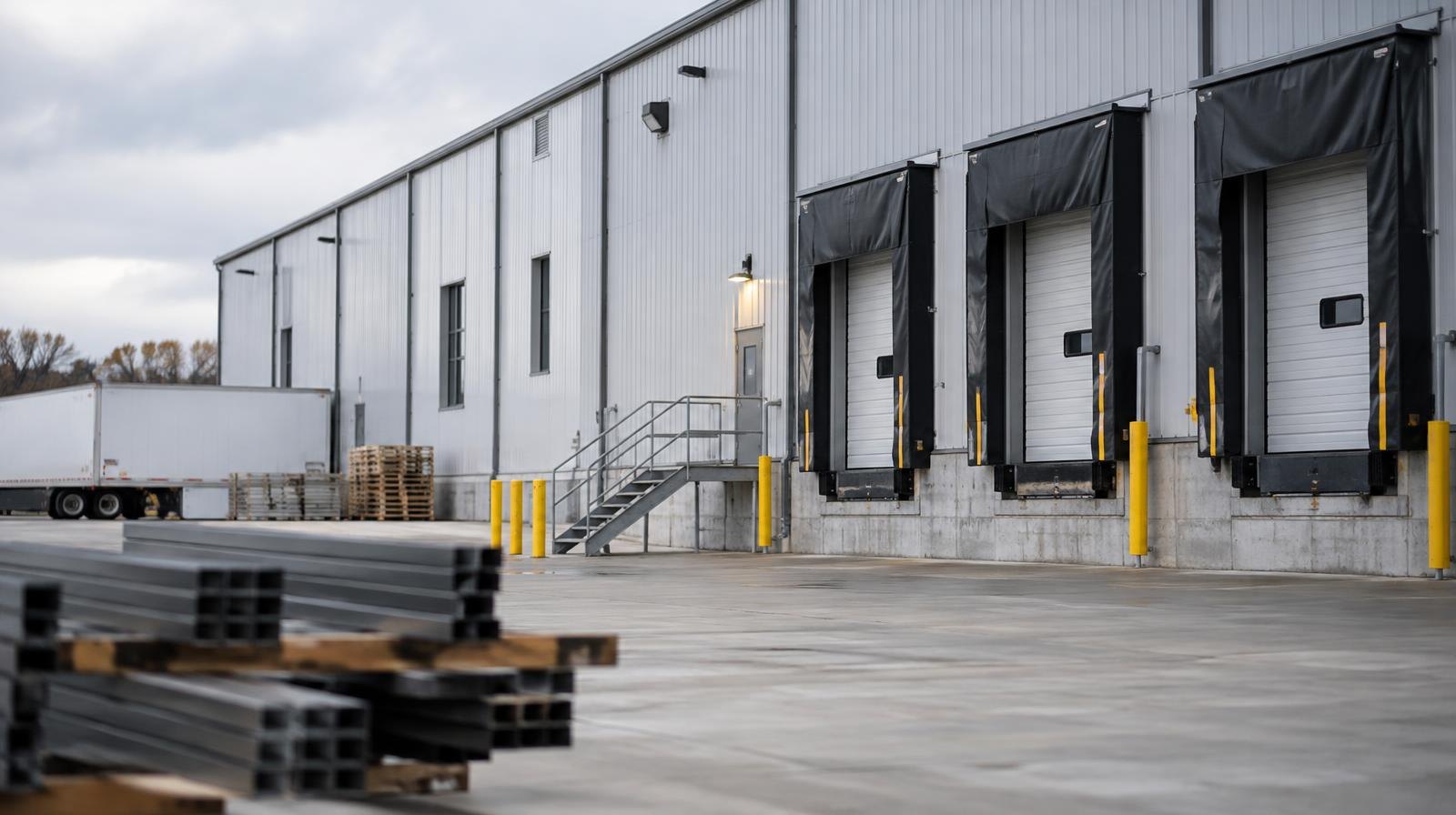 Large industrial warehouse exterior with loading dock and wide parking area.