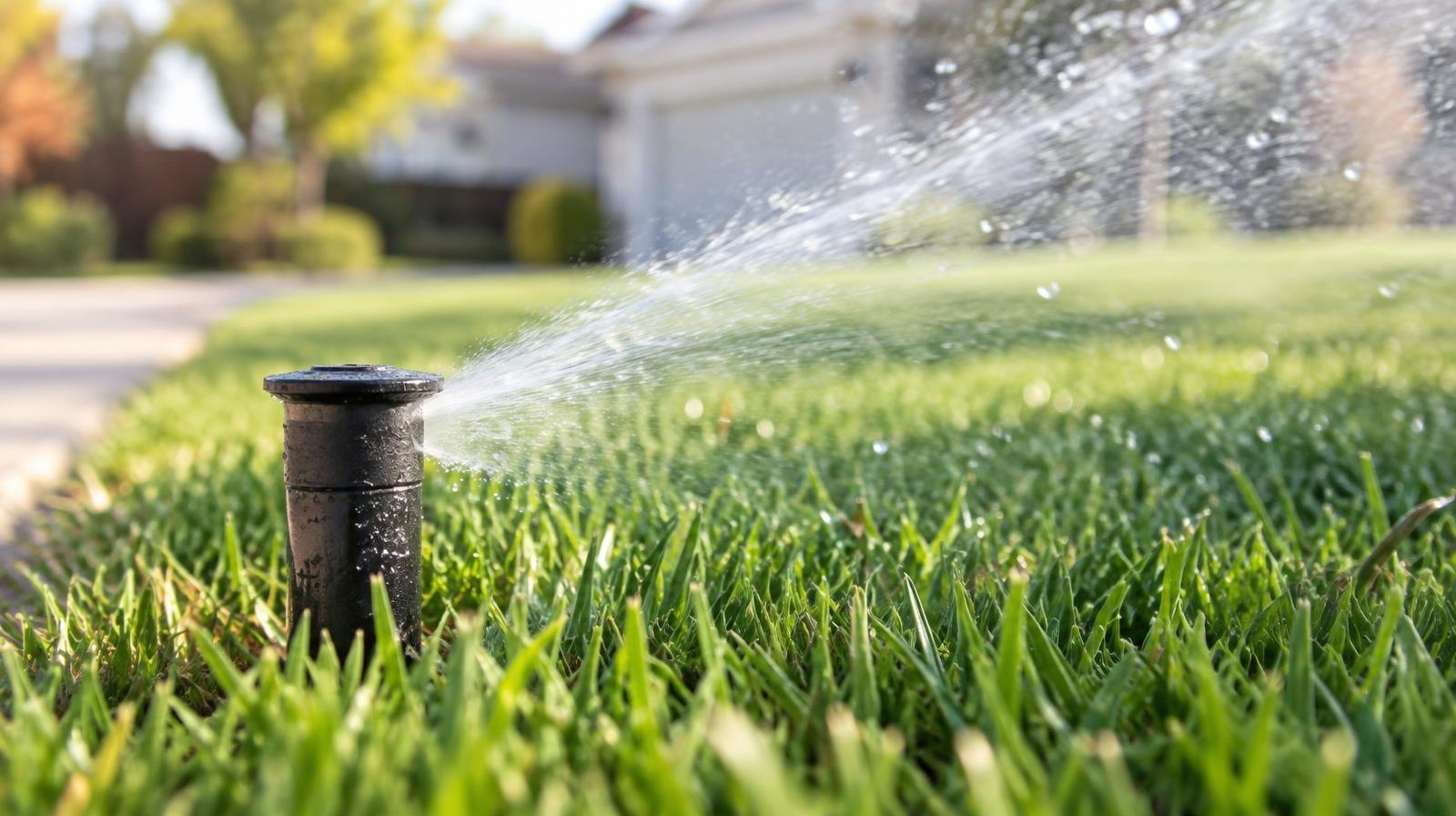 A sprinkler head spraying water over green grass in a suburban yard.
