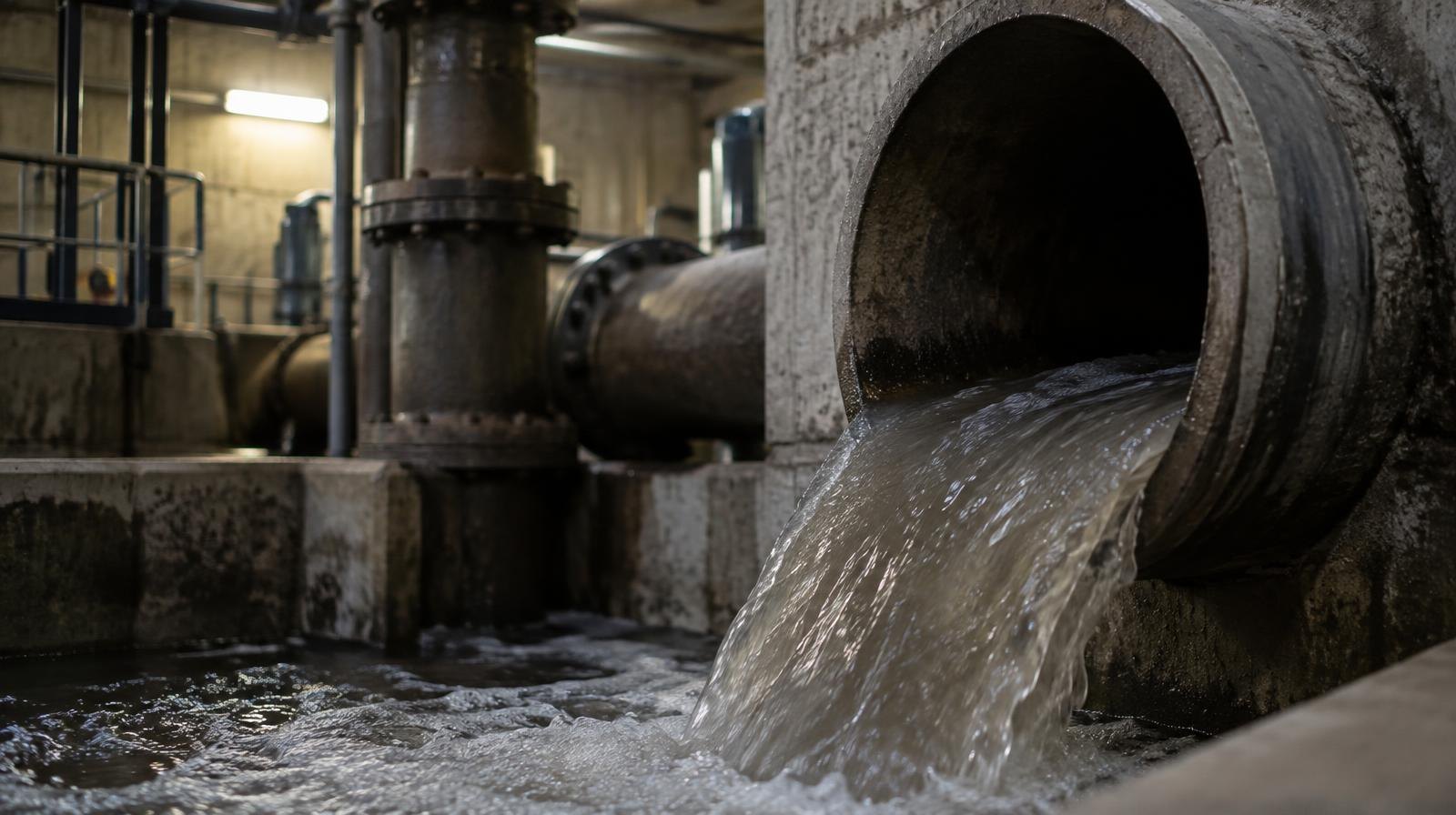 Underground concrete sewer pipe junction with flowing water.