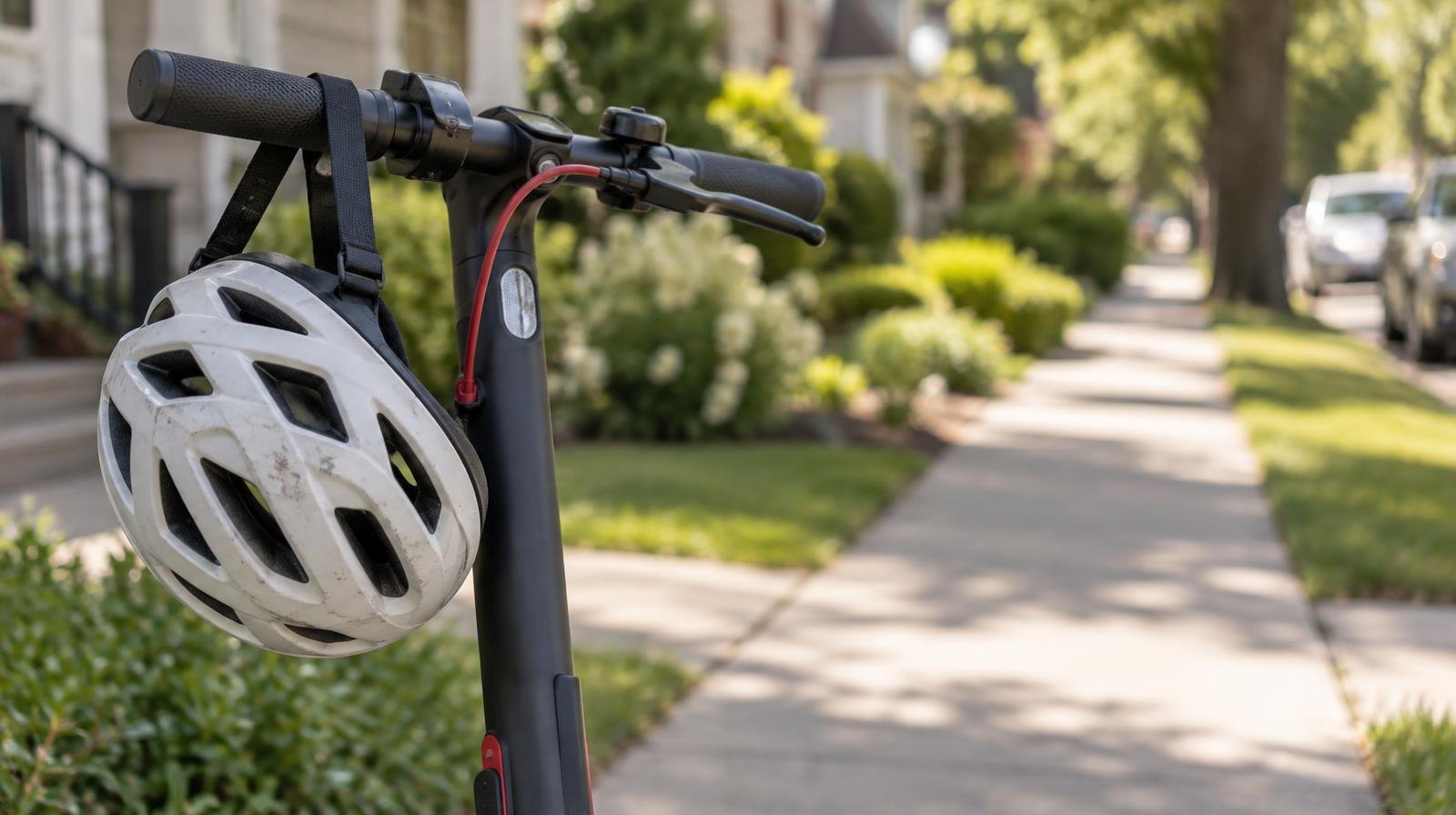 A bicycle helmet resting on the handlebars of a parked electric scooter on a sidewalk.