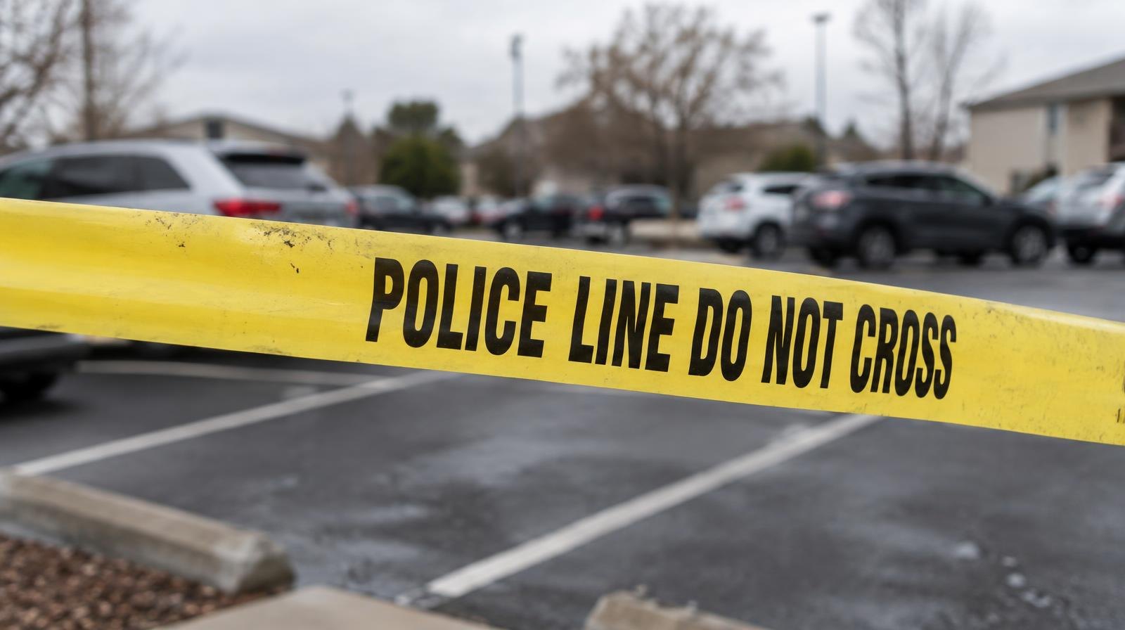 Yellow police crime scene tape cordoning off an outdoor parking lot.
