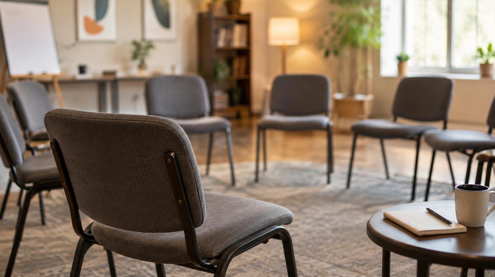 Circle of empty chairs arranged in a warmly lit meeting room.