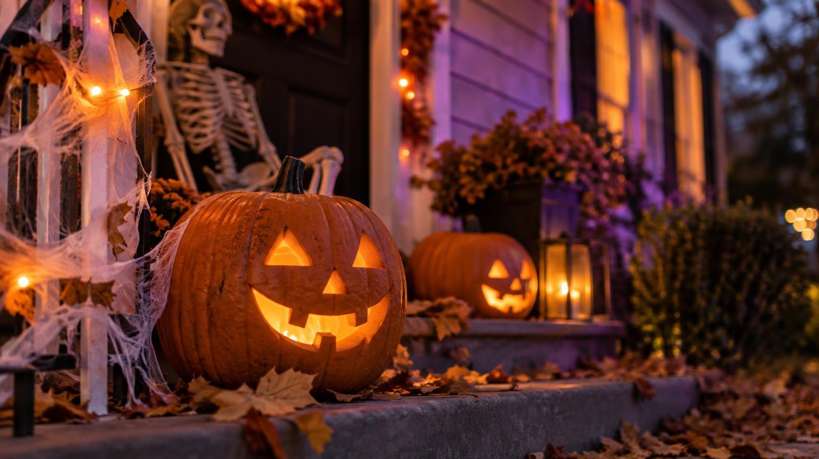 A porch decorated with carved pumpkins, cobwebs, and a skeleton amid autumn leaves at dusk.