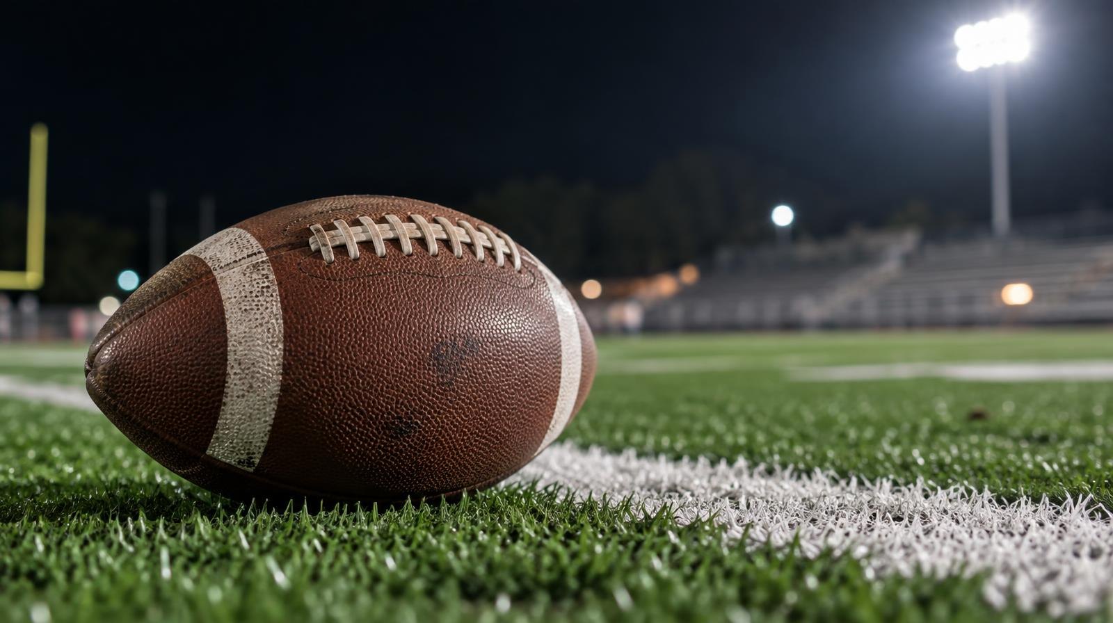 An American football resting on green turf beside a white yard line under stadium lights.