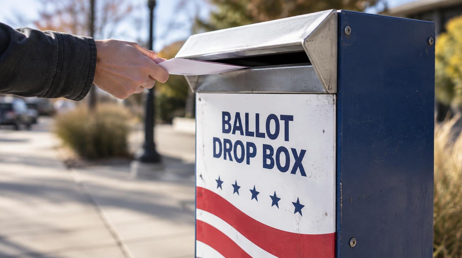 An official ballot drop box mounted on a post on a sunny sidewalk.
