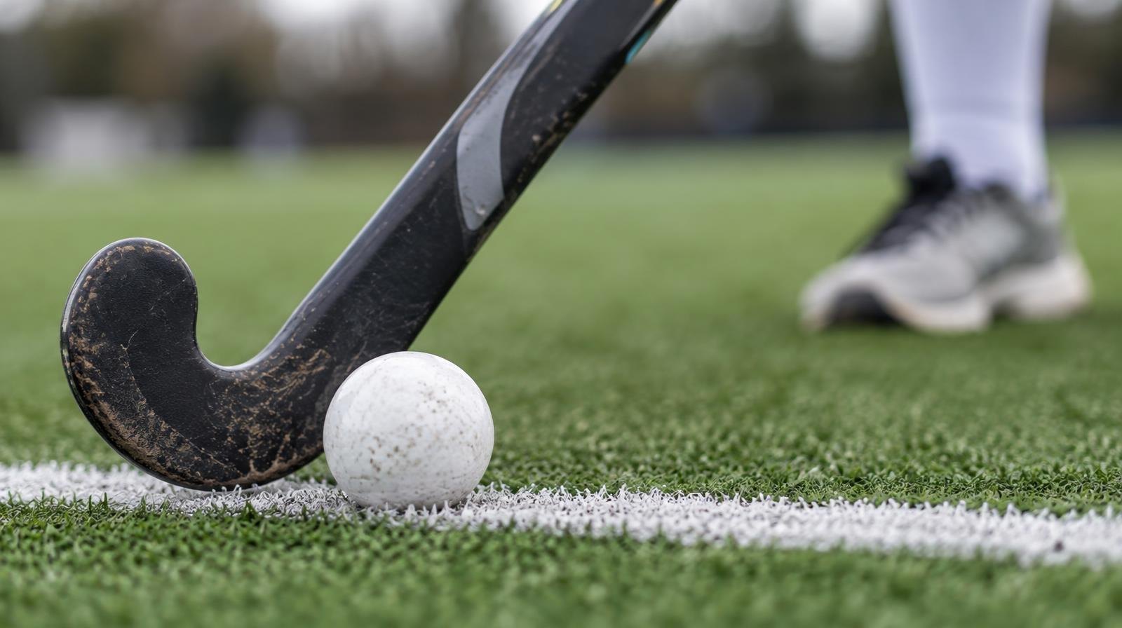 A field hockey stick and ball resting on green artificial turf near a white line.