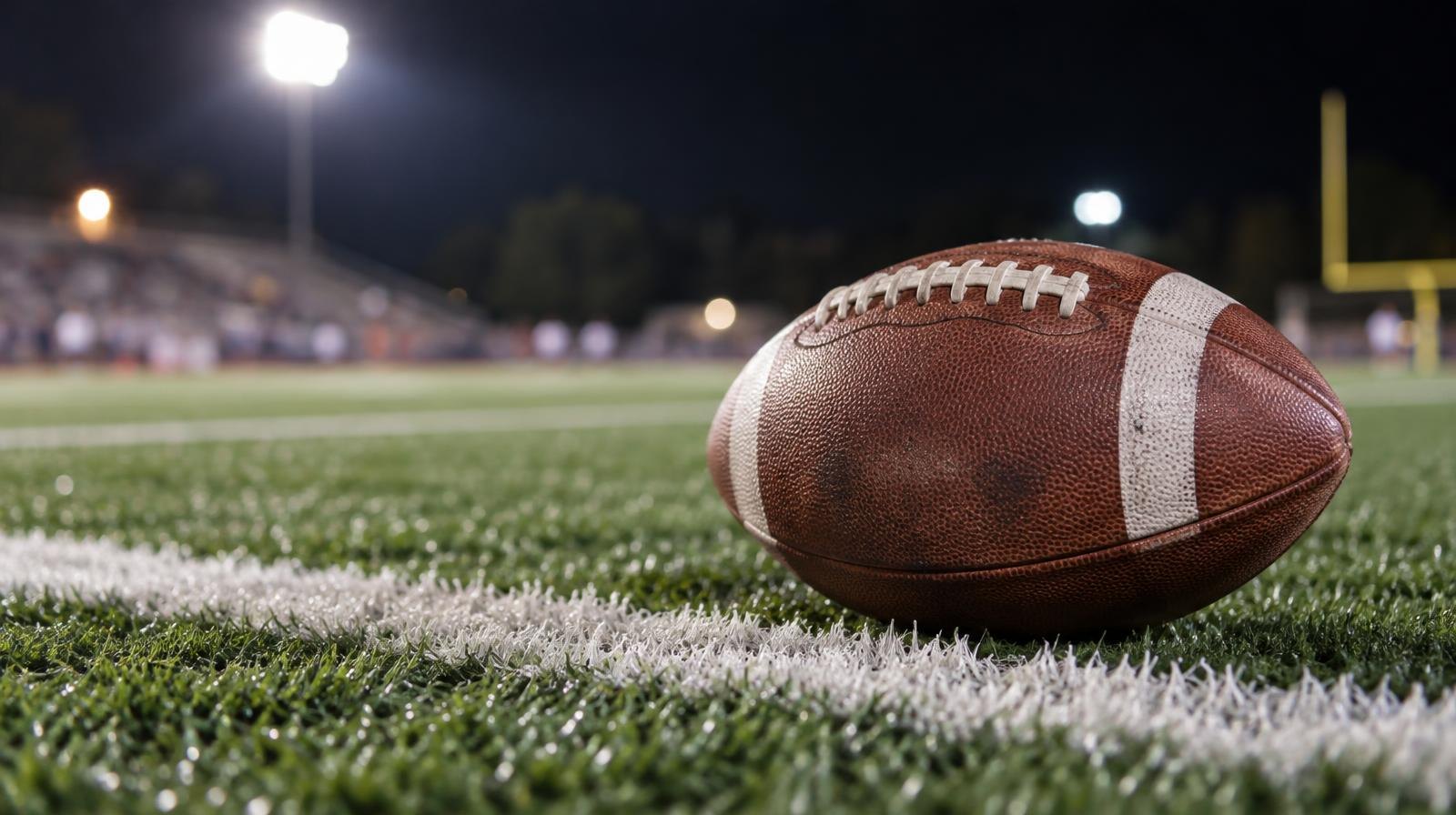 An American football resting on green artificial turf beside a white yard line.
