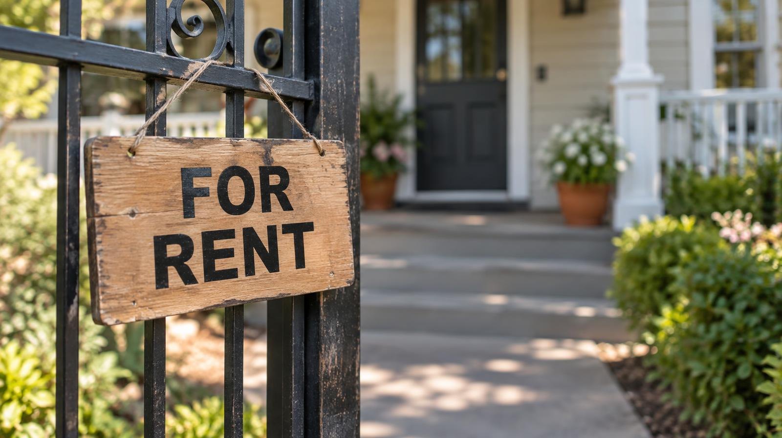 A wooden for-rent sign hangs on a residential gate with a porch behind it.