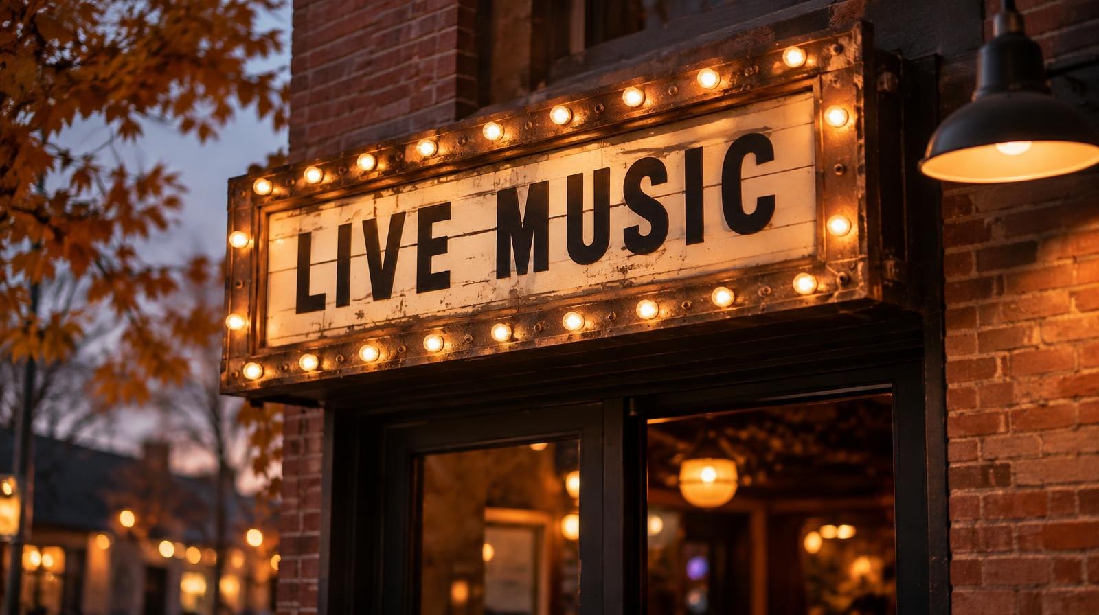 Illuminated vintage marquee sign above a music venue entrance at dusk.