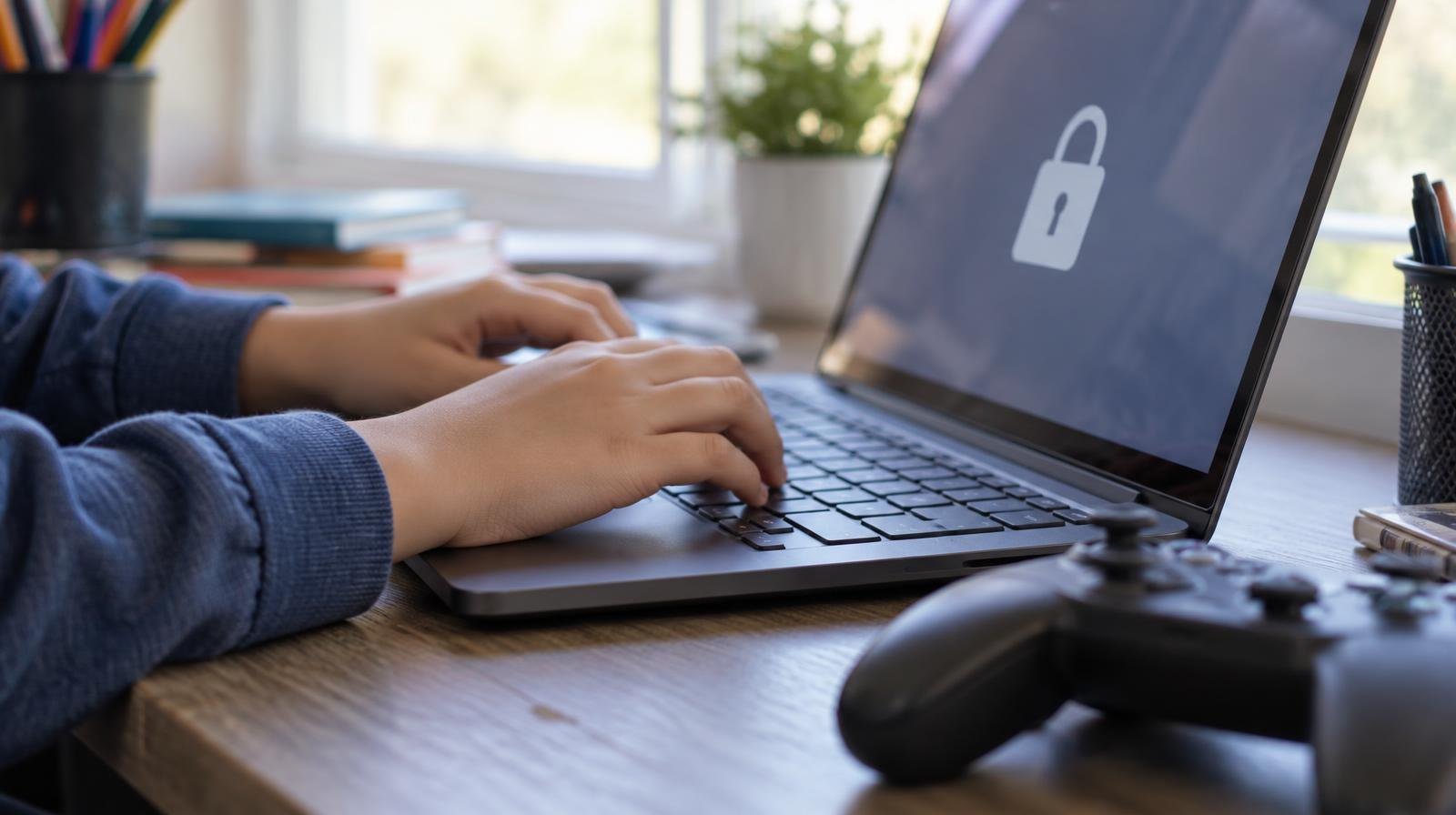 Child's hands on a laptop keyboard beside a gaming controller on a desk.
