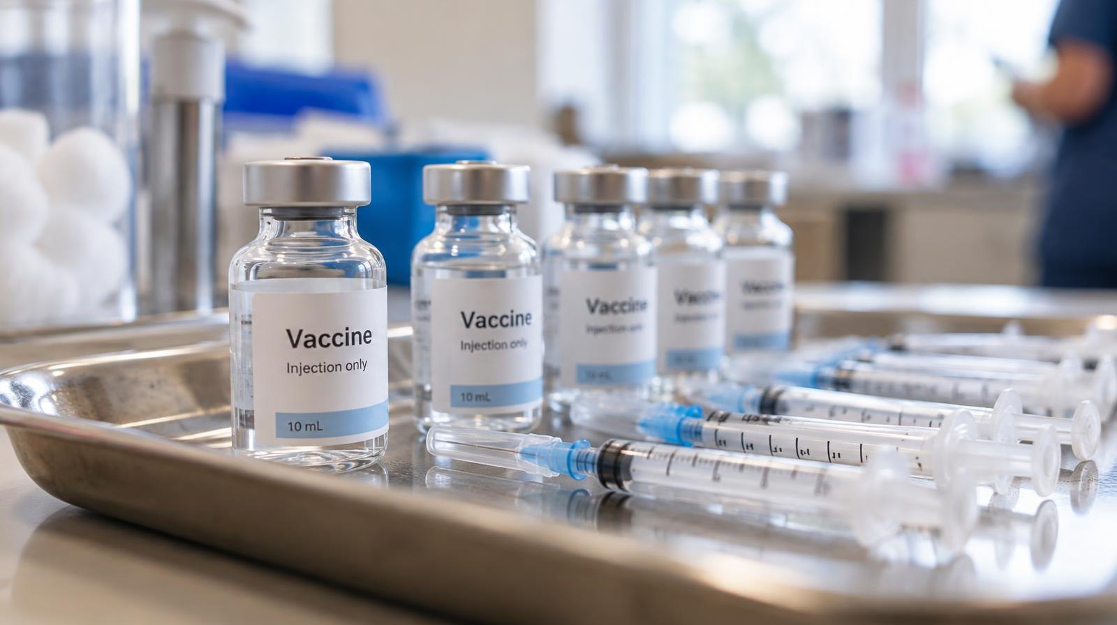 Vaccine vials and syringes lined up on a clean medical tray.
