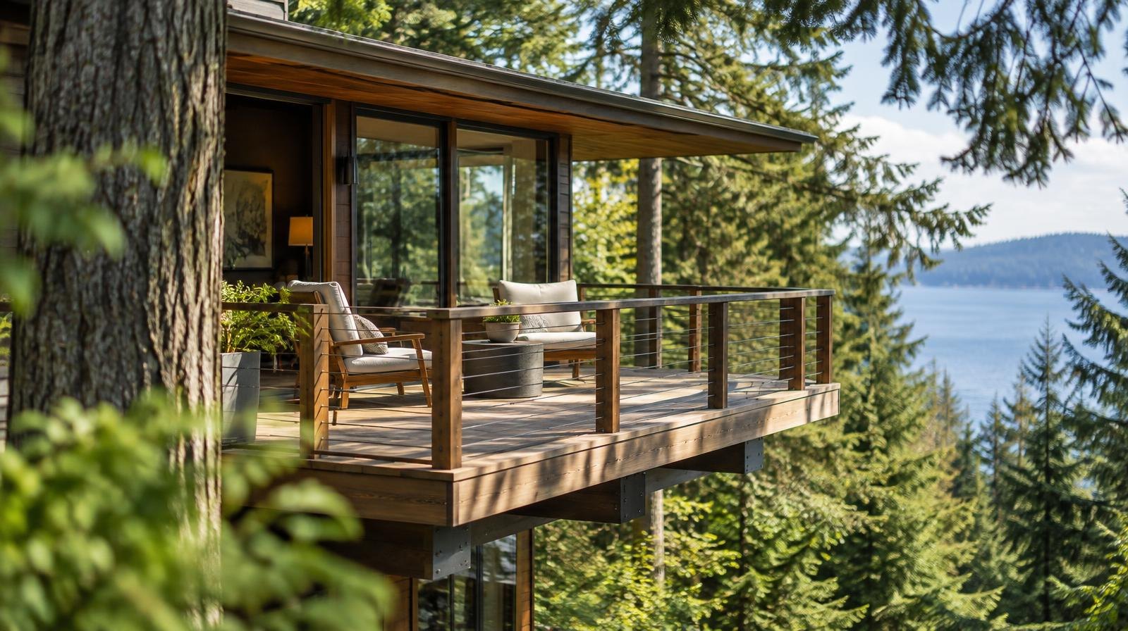 Cantilevered wooden deck on a treehouse-style home among tall evergreen trees.