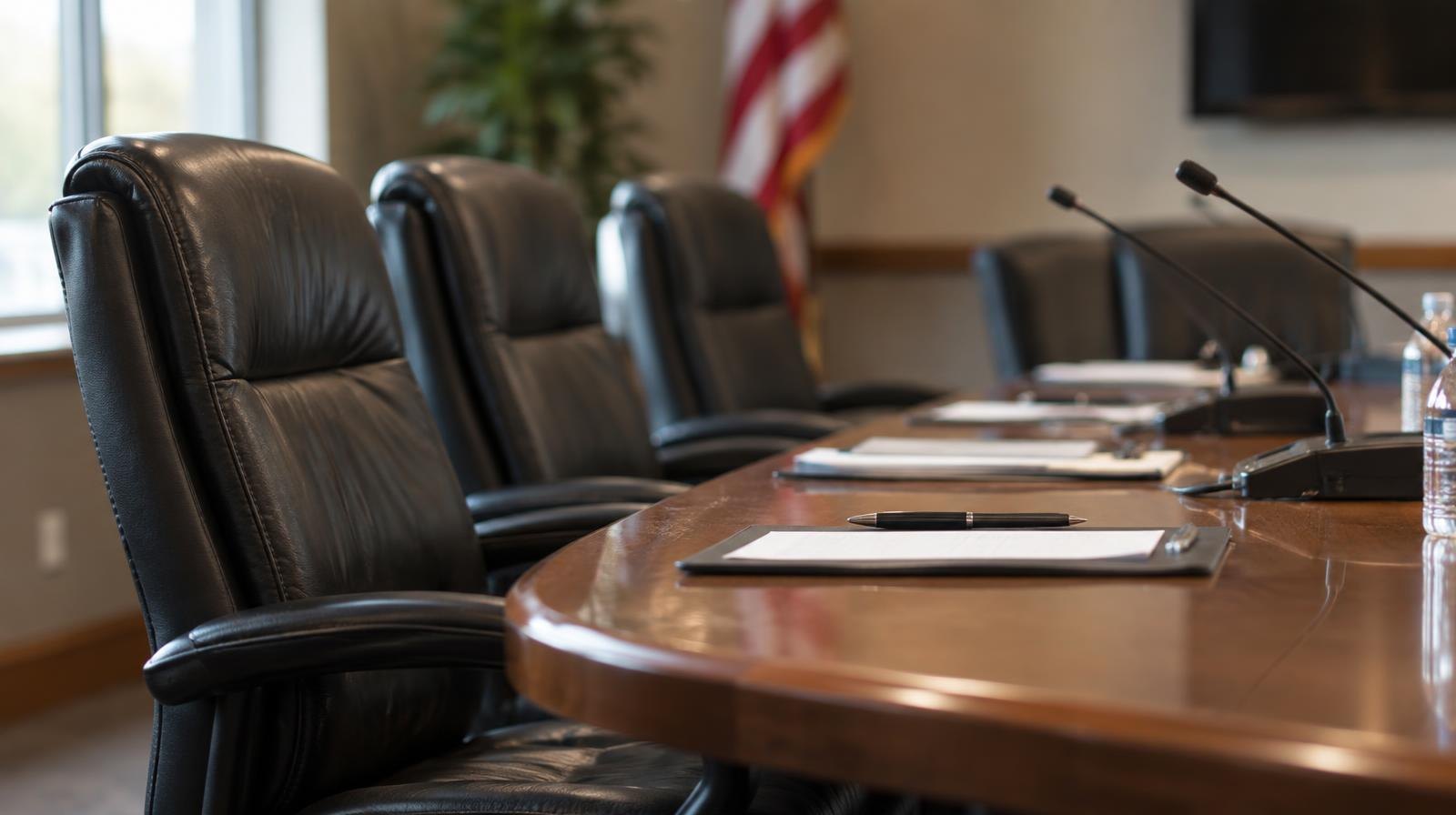 Empty chairs arranged around a polished conference table in a boardroom.