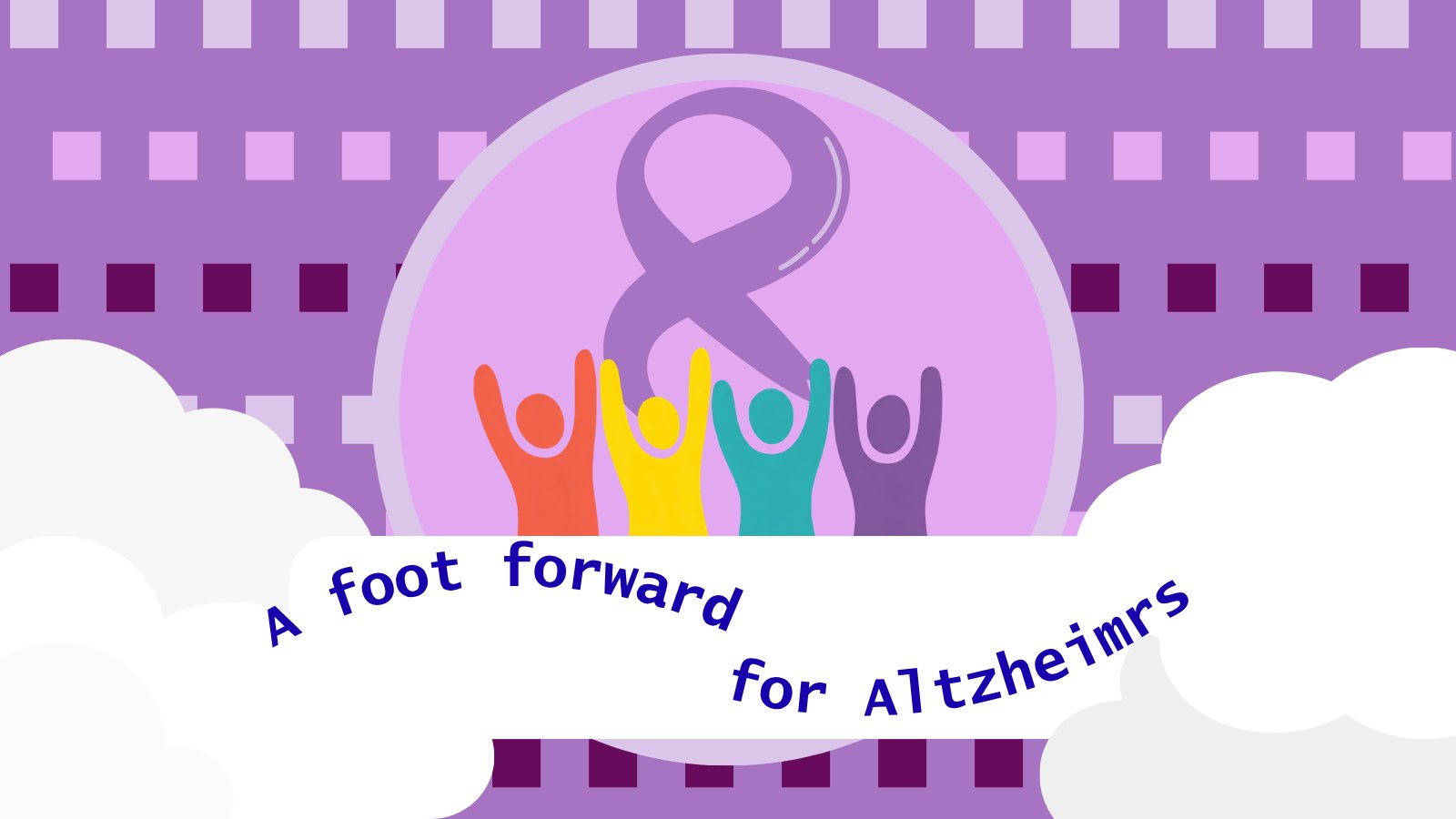 Purple promotional graphic with an Alzheimer's ribbon and four colorful figures with raised arms.