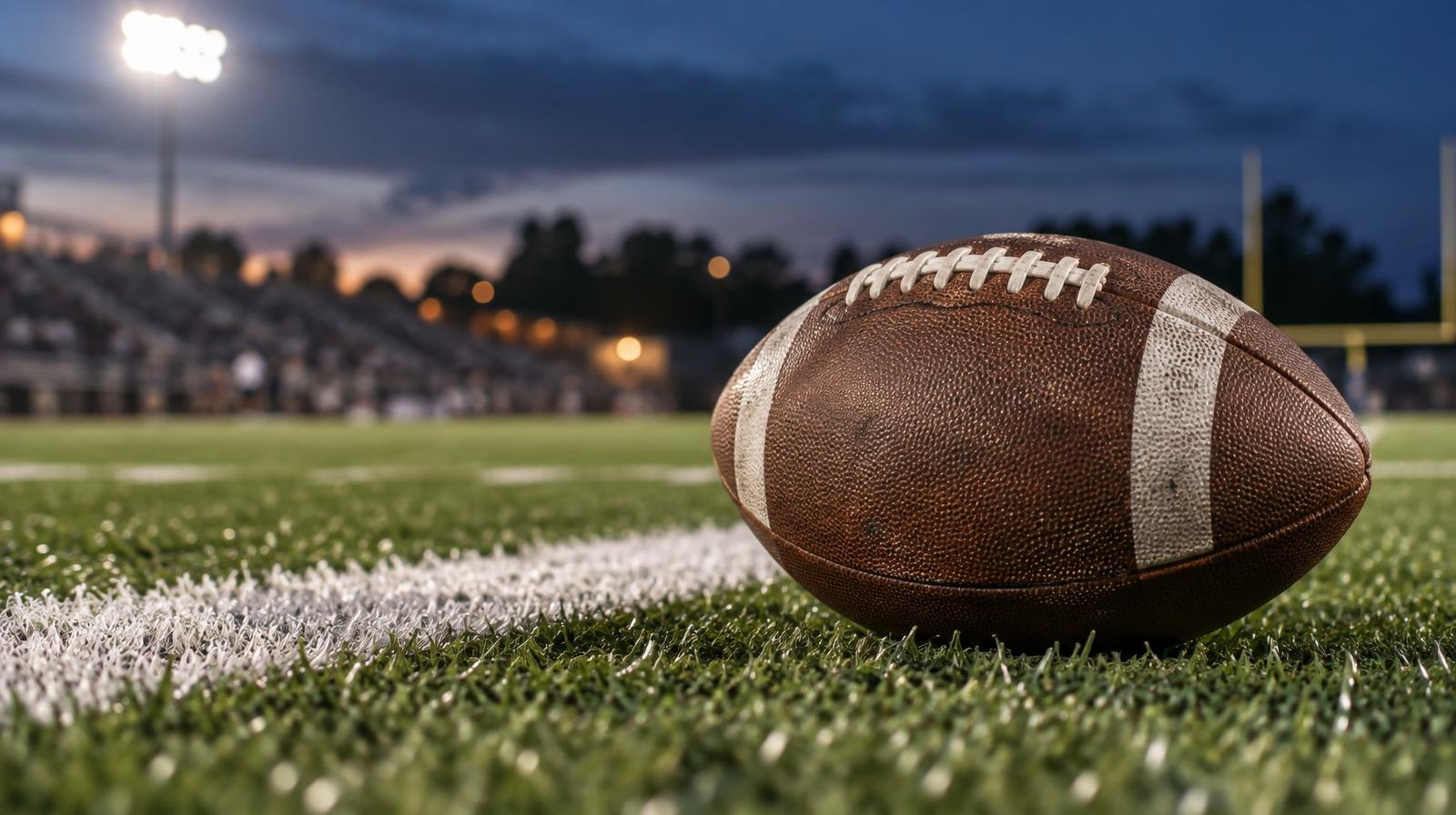 An American football resting on green artificial turf beside a white yard line.
