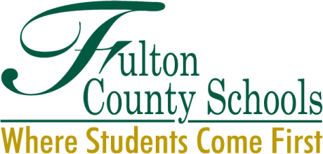 Fulton County Schools logo in green and gold with tagline 'Where Students Come First'.
