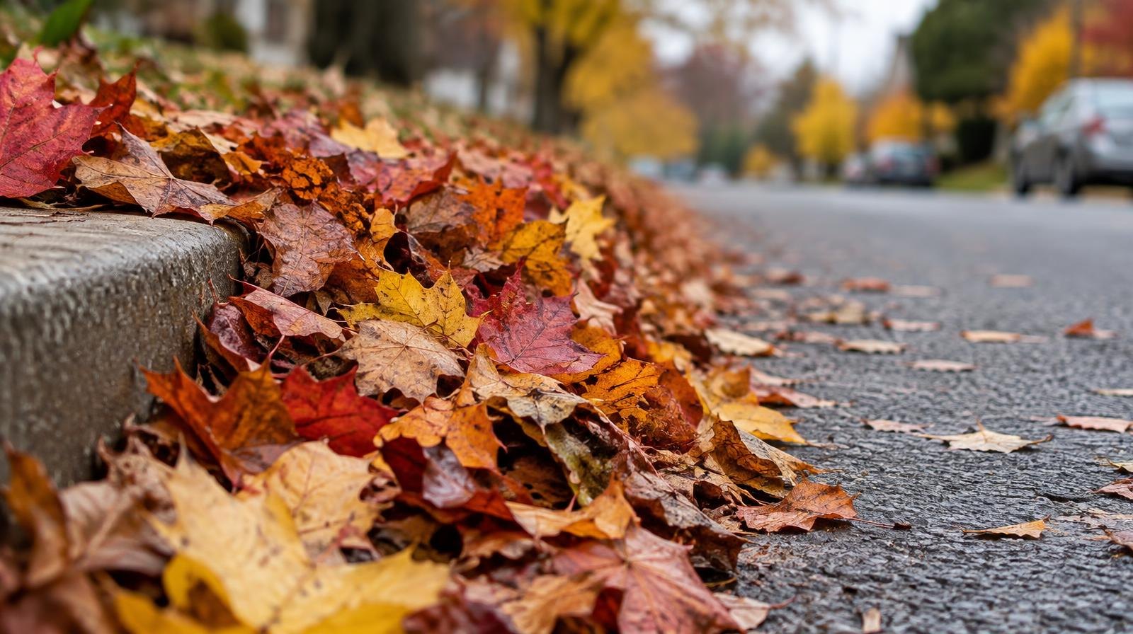 A large pile of colorful autumn leaves raked neatly to a curb.