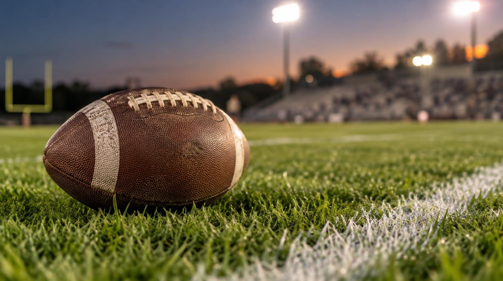 An American football resting on green grass beside a white yard line.