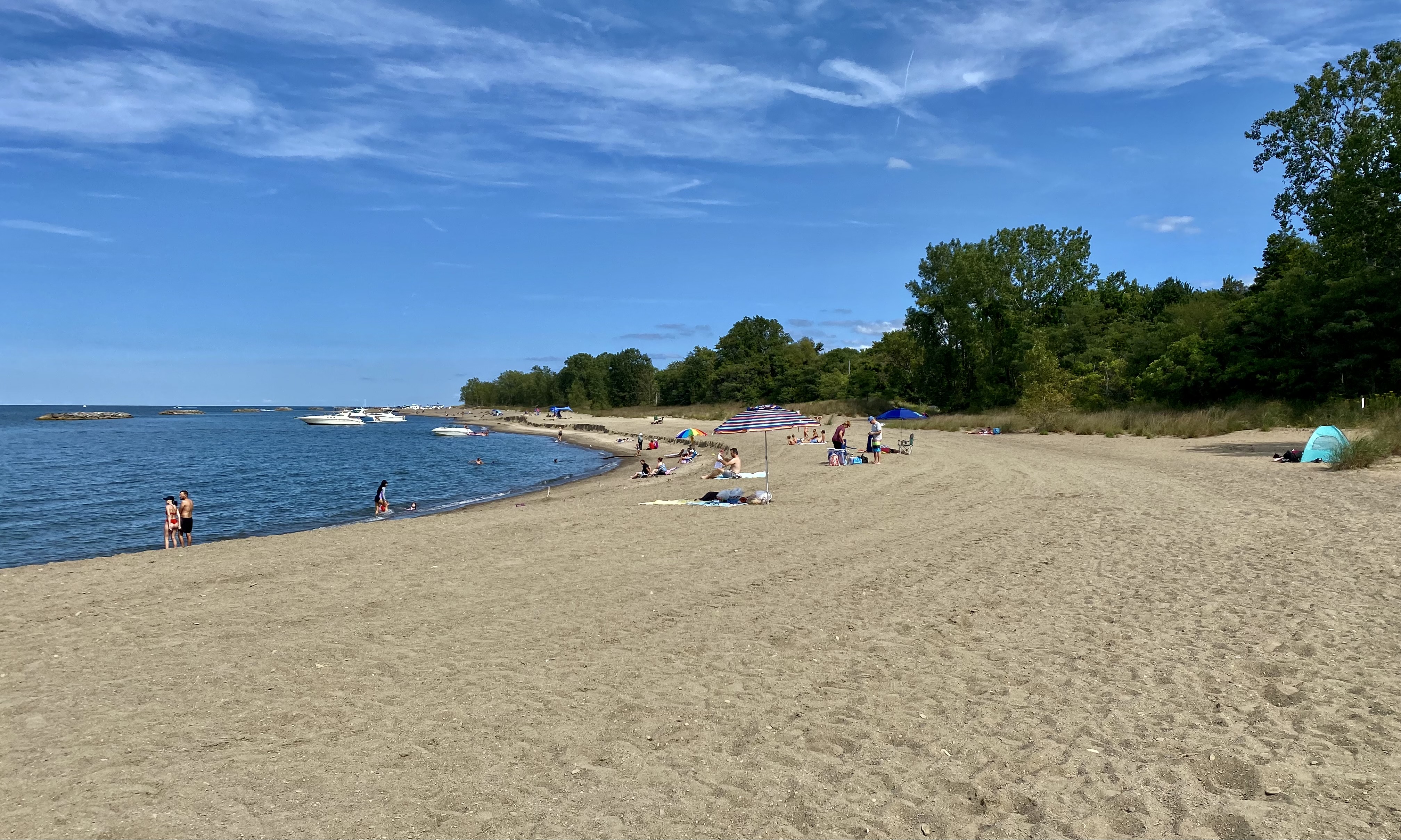 Sandy beach curving along a calm blue lake with beachgoers and trees under a sunny sky.