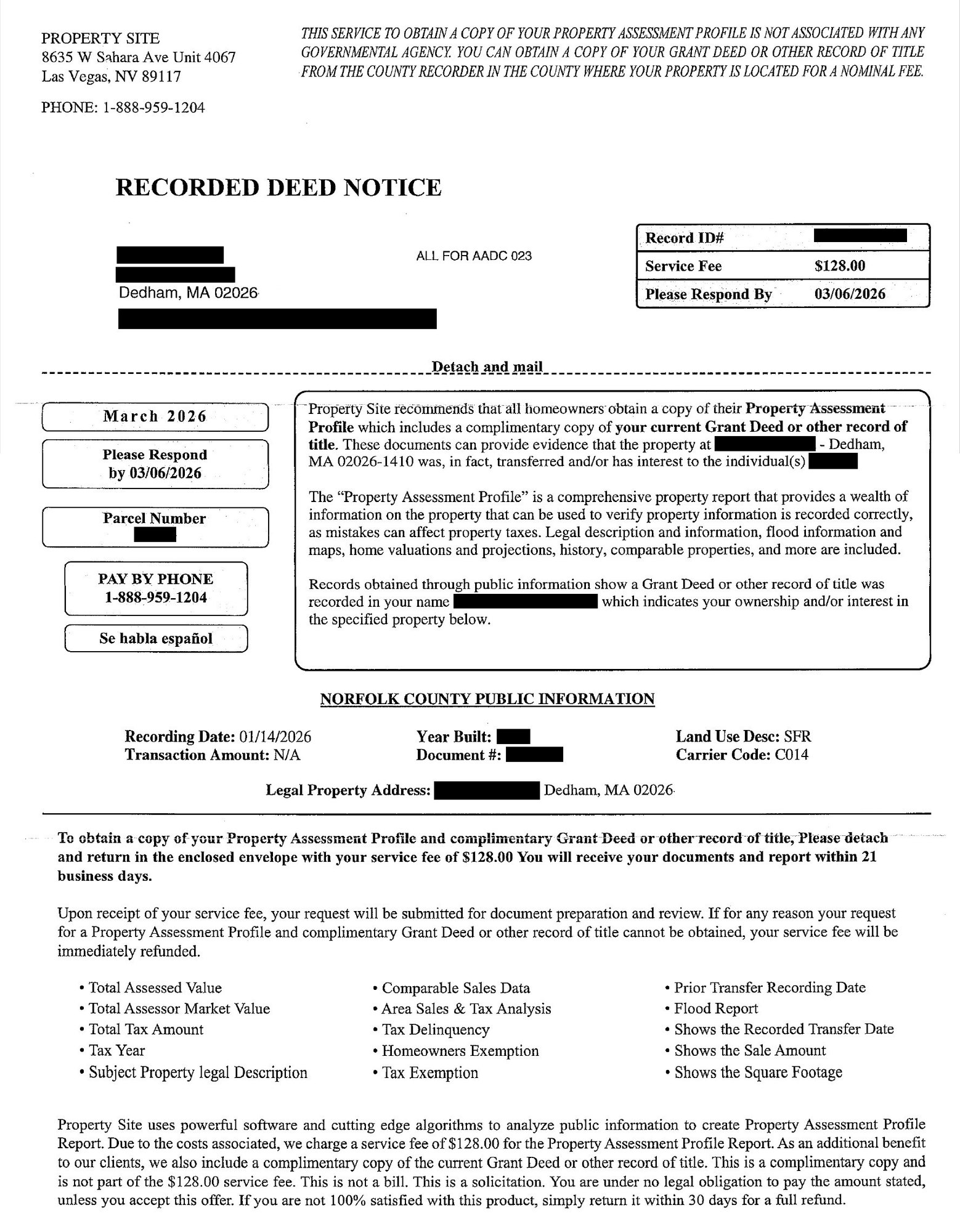 Printed mailer document titled Recorded Deed Notice requesting a $128 service fee.