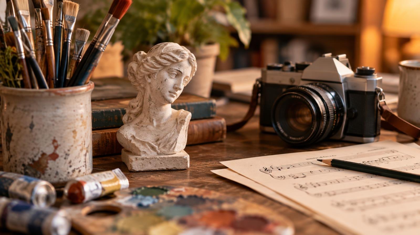 Paintbrushes, a small sculpture, a camera, and sheet music on a wooden table.
