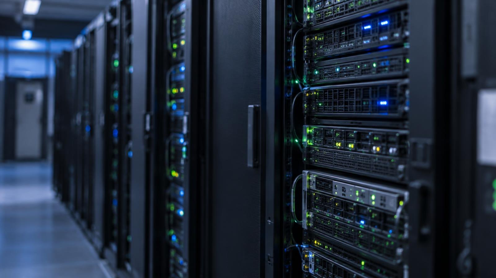 Rows of black server racks with blinking lights in a dimly lit data center.