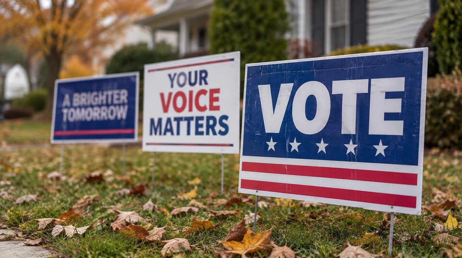 Several political yard signs standing in a grass lawn with fallen autumn leaves.