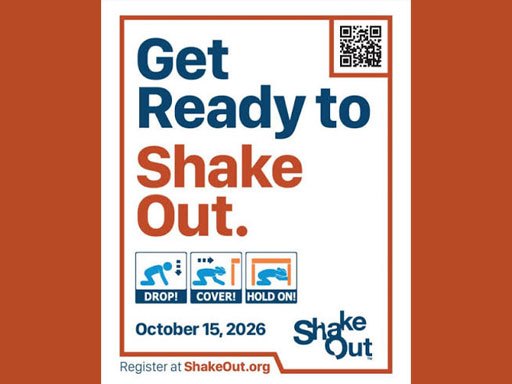 Promotional flyer for the Great ShakeOut earthquake drill with Drop, Cover, Hold On icons.