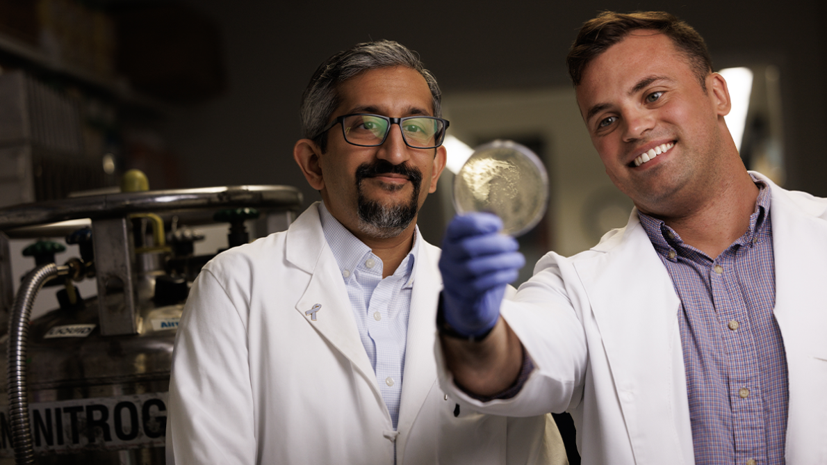 Two researchers in white lab coats examining a glass slide in a laboratory, one wearing blue gloves and glasses.
