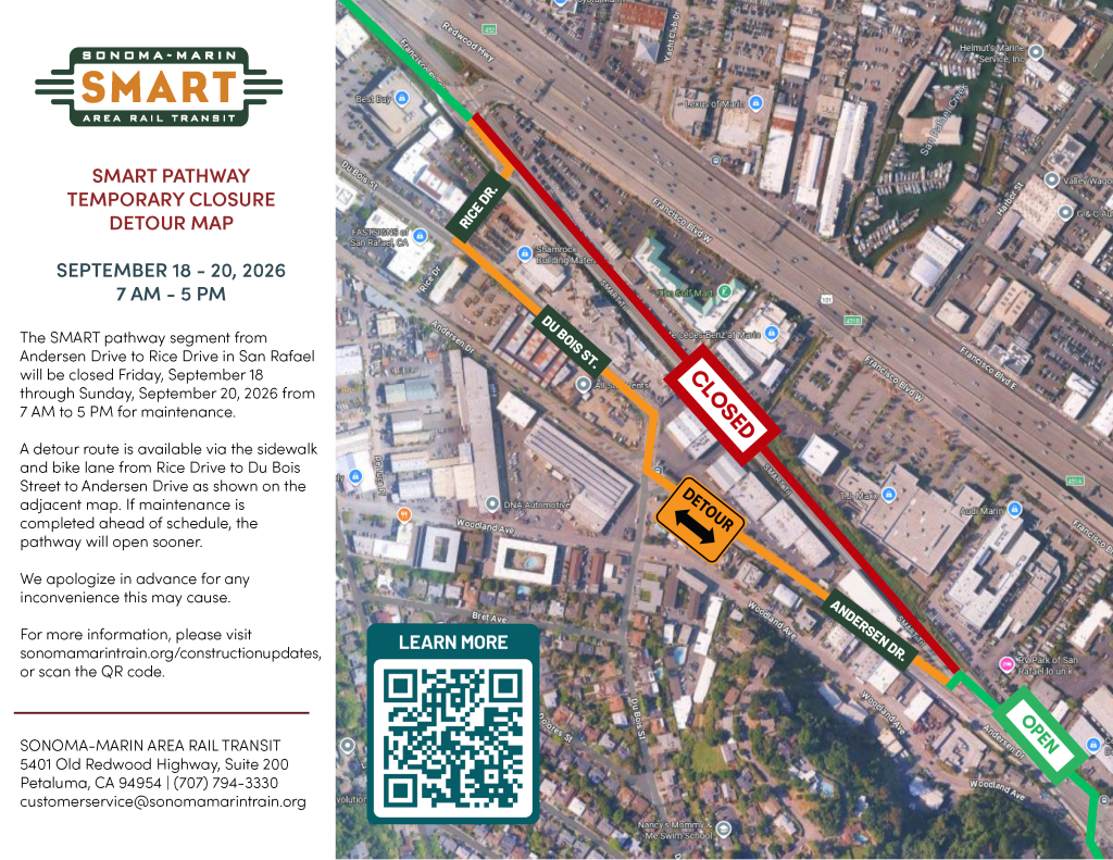 Aerial detour map showing a closed pathway segment and alternate bike route.
