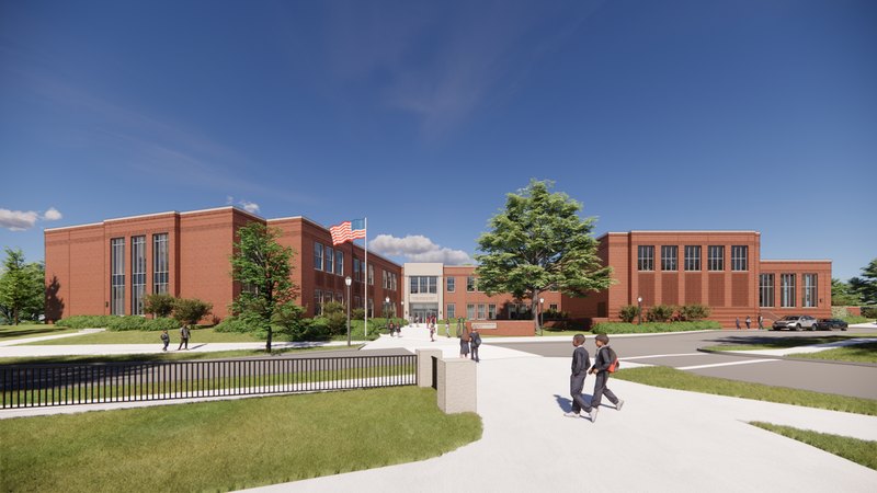 Architectural rendering of a two-wing red brick school building with a central entrance and flagpole.