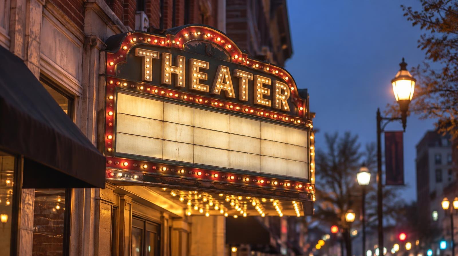 Illuminated vintage theater marquee with colorful bulbs on a brick building at night.