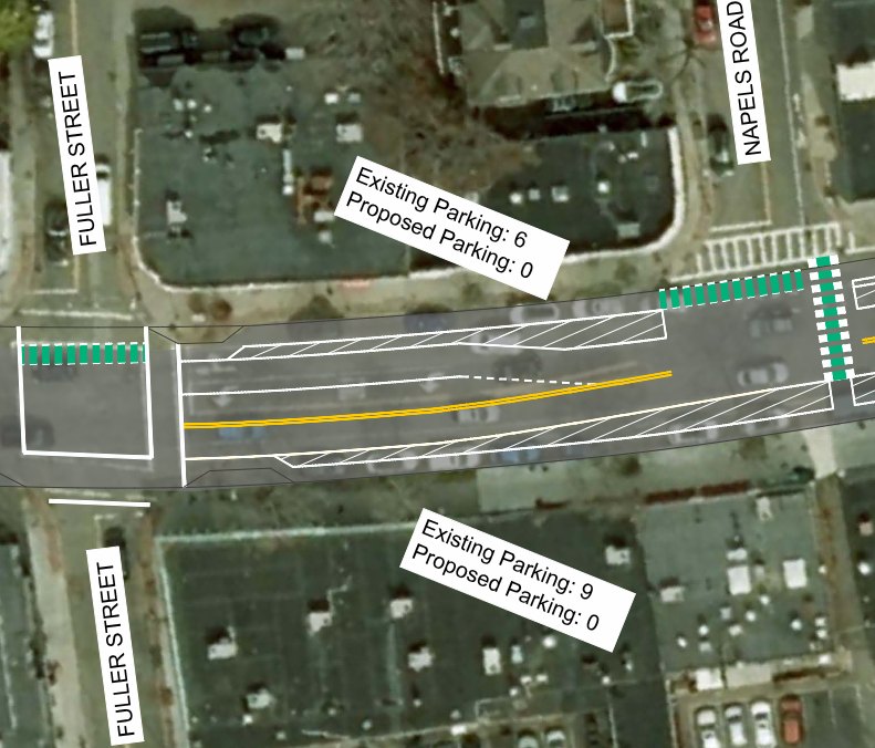Aerial map overlay showing parking counts dropping to zero on a street block.