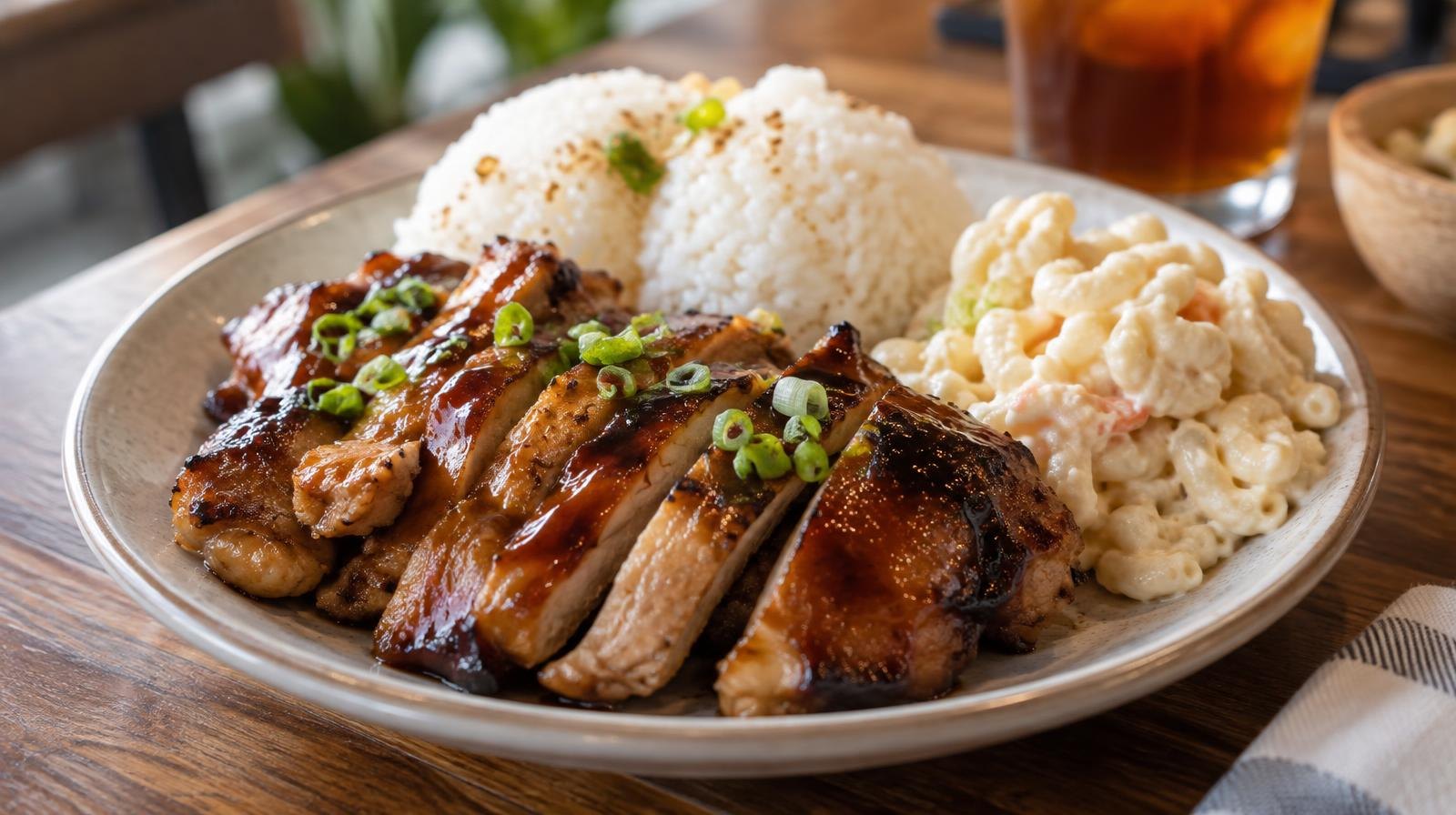A plate of teriyaki chicken with steamed white rice and macaroni salad.