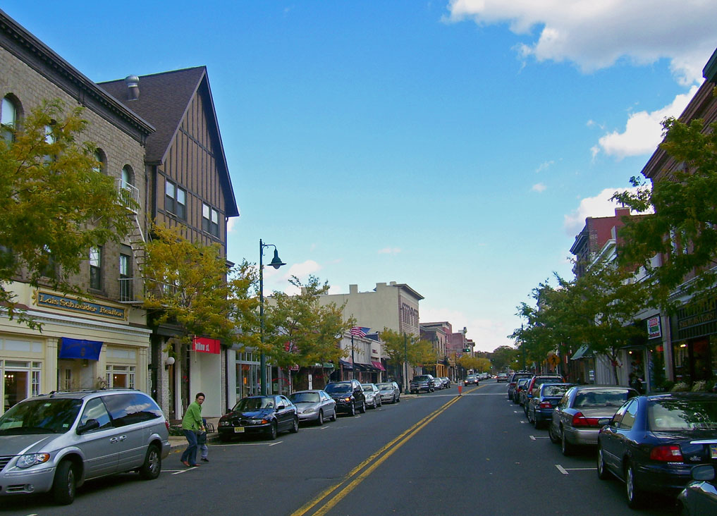 A tree-lined commercial street with parked cars and shops on both sides.