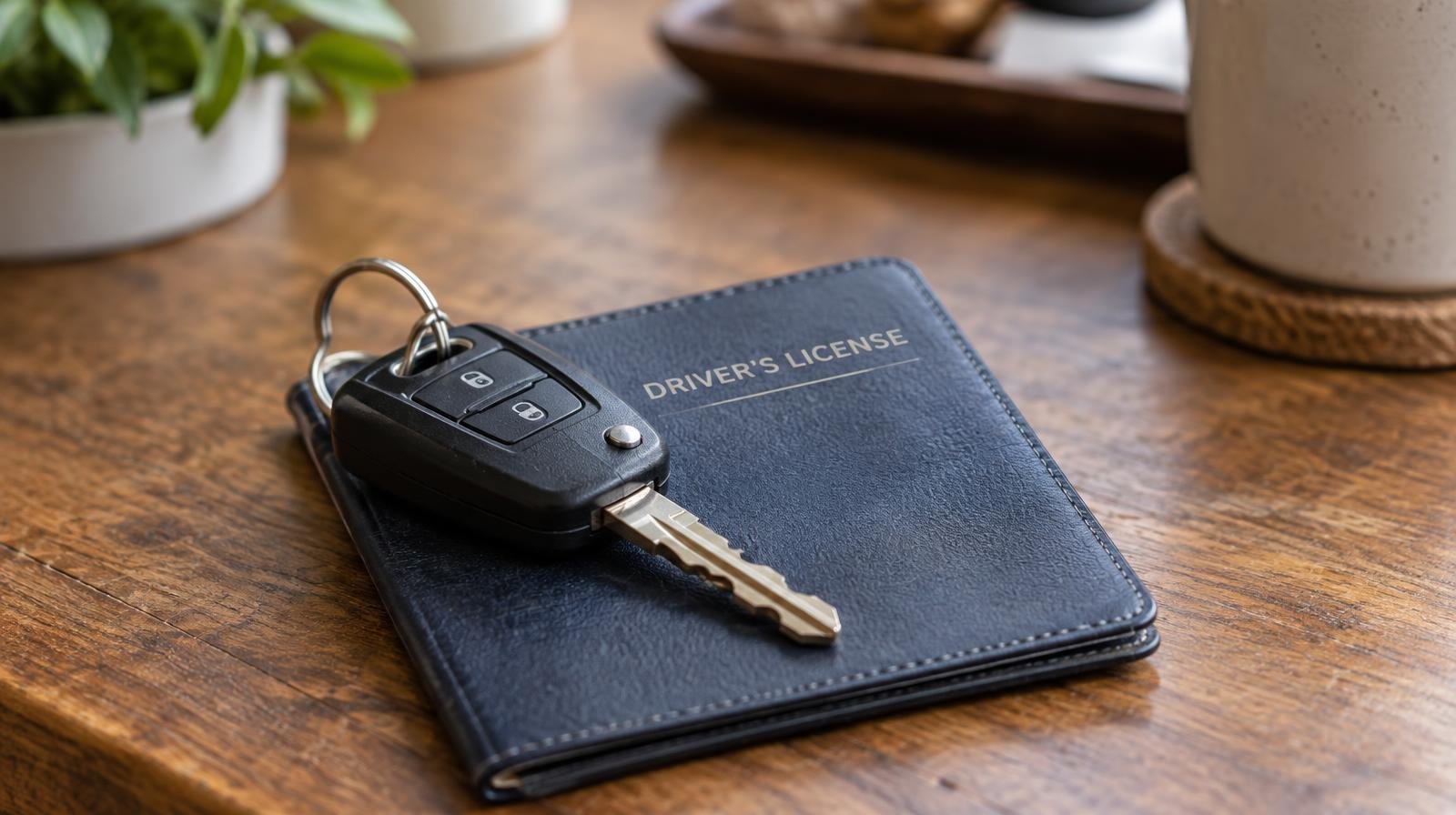 Car keys resting on a closed booklet on a wooden surface.