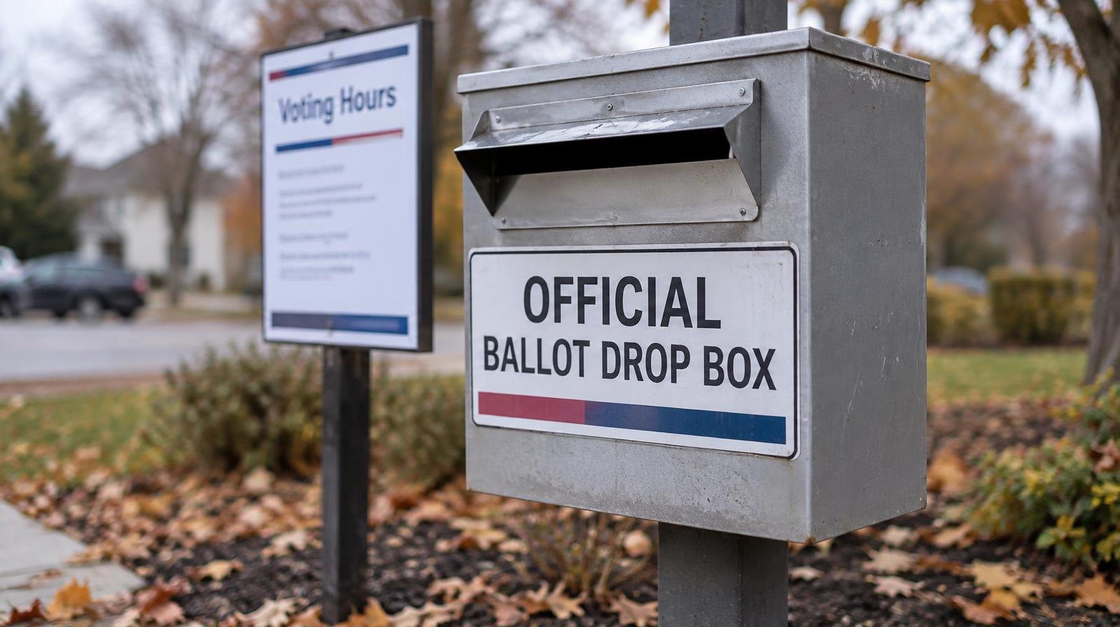 A metal ballot drop box mounted on a post outdoors with fallen leaves nearby.
