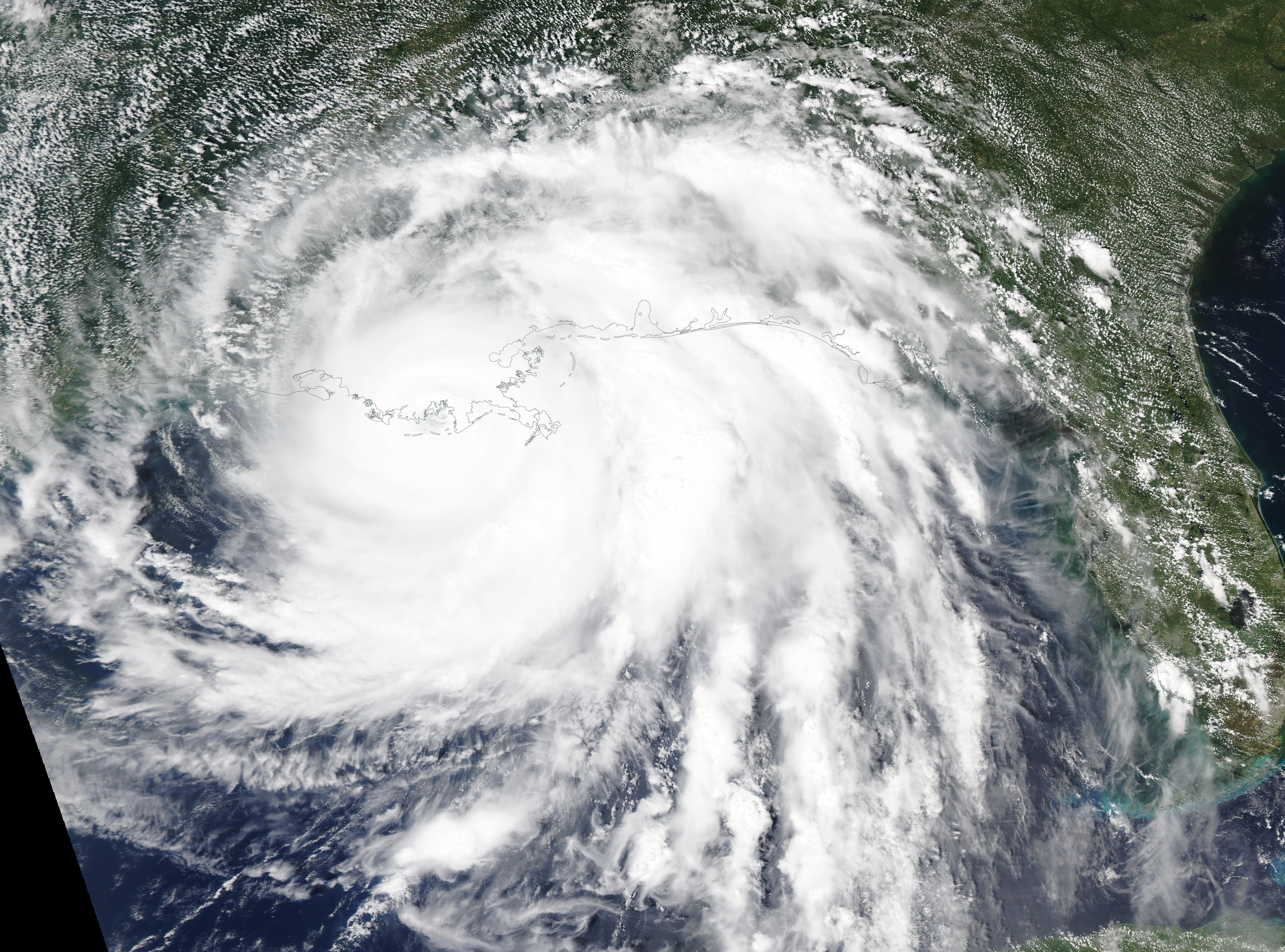 Satellite view of a large hurricane with spiral cloud bands over the Gulf Coast.