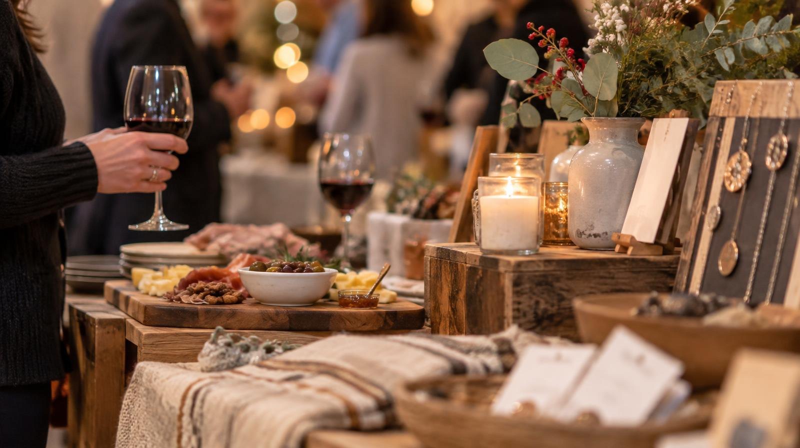 Wine glasses, small plates, and artisan goods arranged on a table under warm indoor lighting.