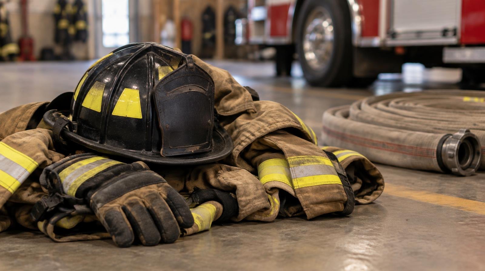 A firefighter helmet, gloves, and turnout coat laid out on a concrete floor beside a coiled hose.