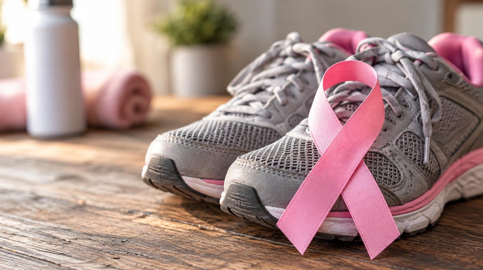 Pink ribbon and athletic walking shoes on a wooden surface.