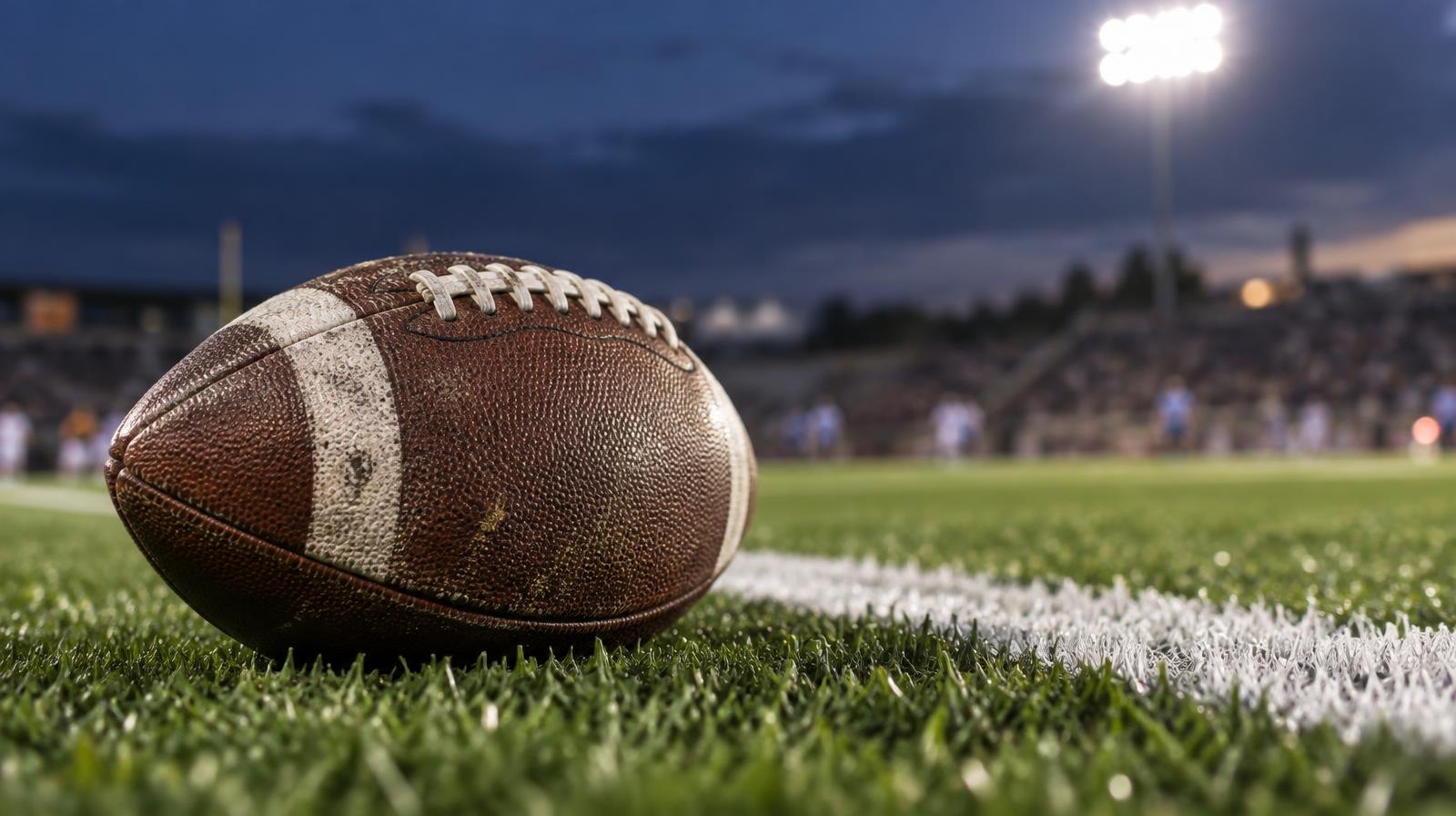 An American football resting on green artificial turf beside a white yard line.