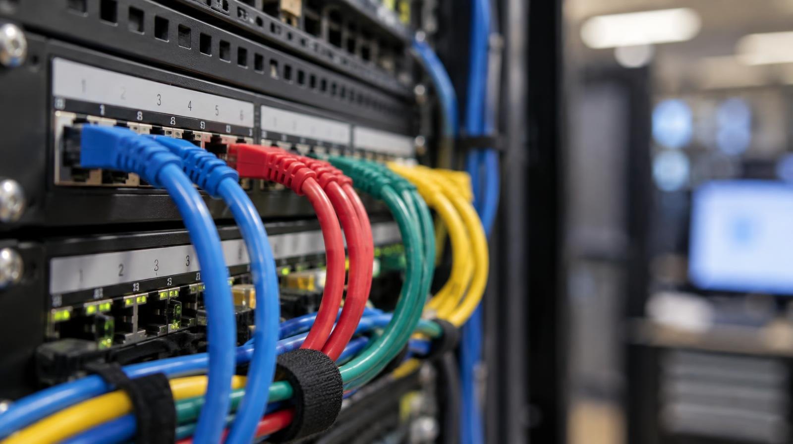 Colorful ethernet cables plugged into a network patch panel in a data center.