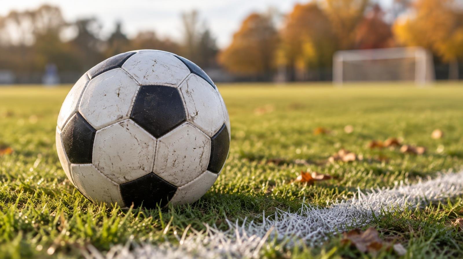 A black-and-white soccer ball resting on a grass field near a white painted sideline.