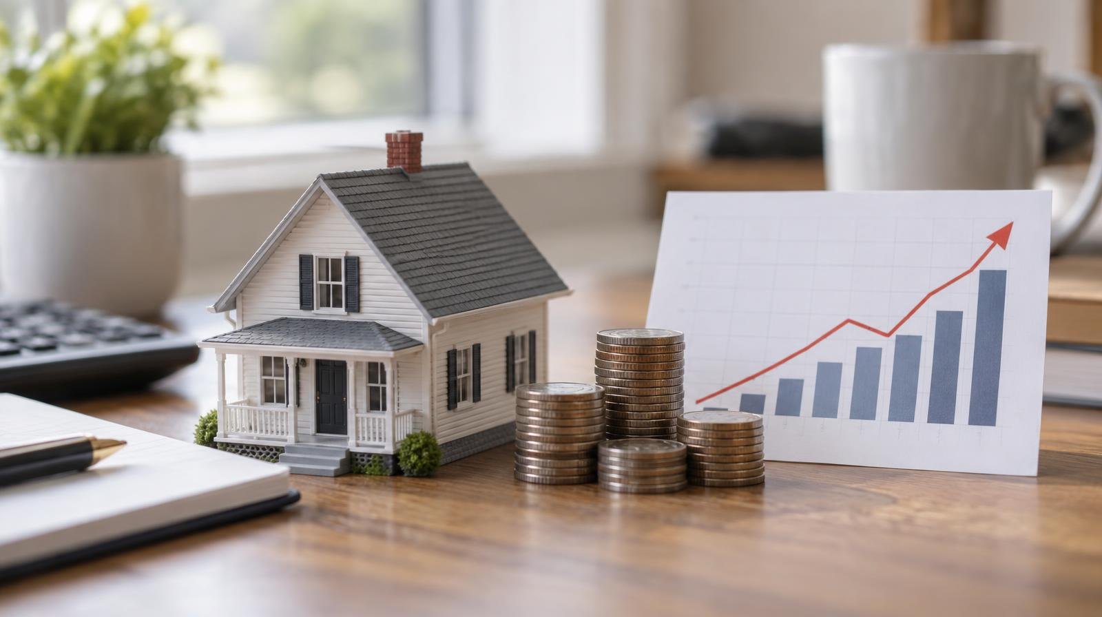 Small model house beside stacked coins on a wooden desk.