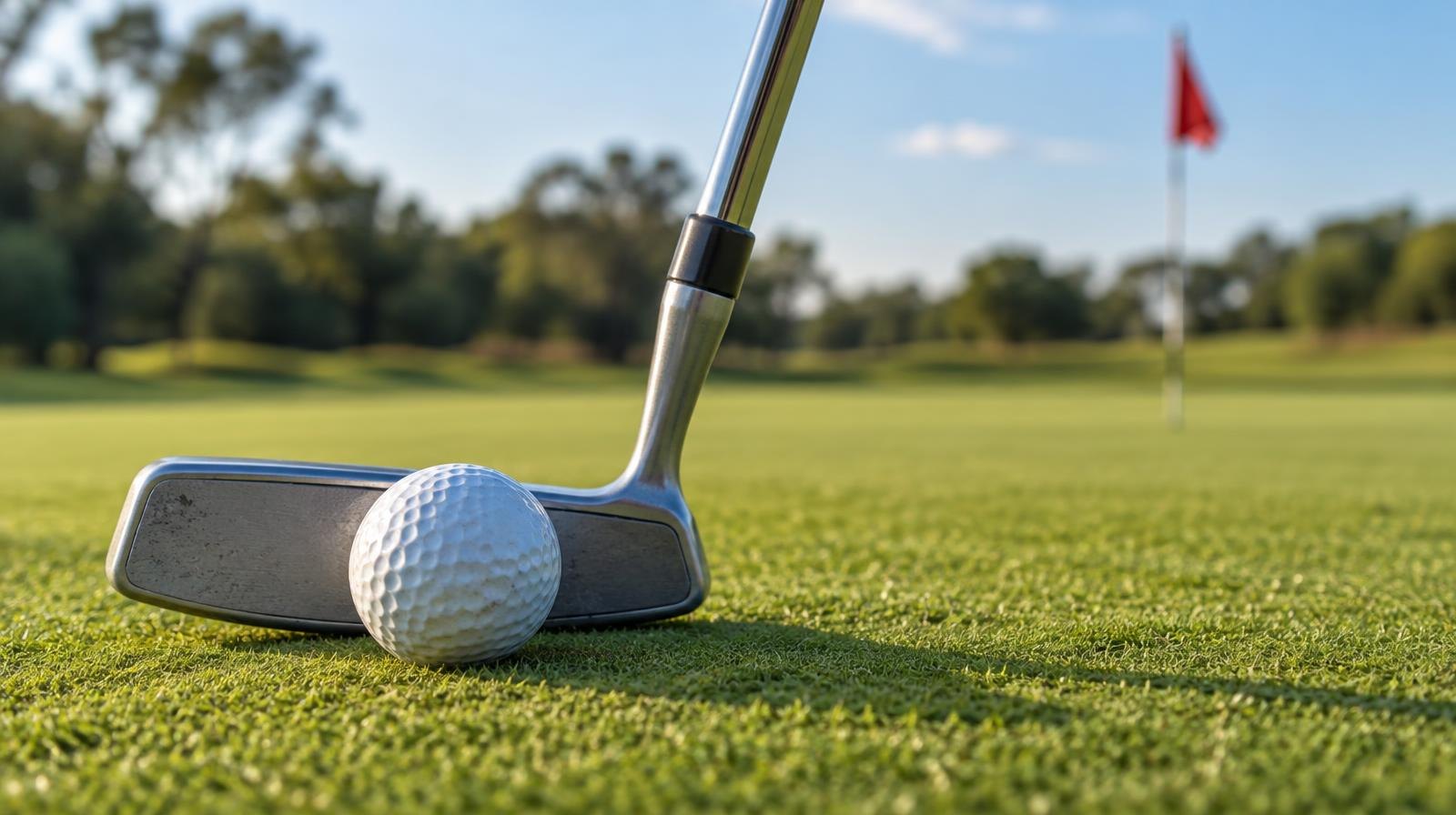 A golf club resting across a golf ball on a putting green with a flag pin.