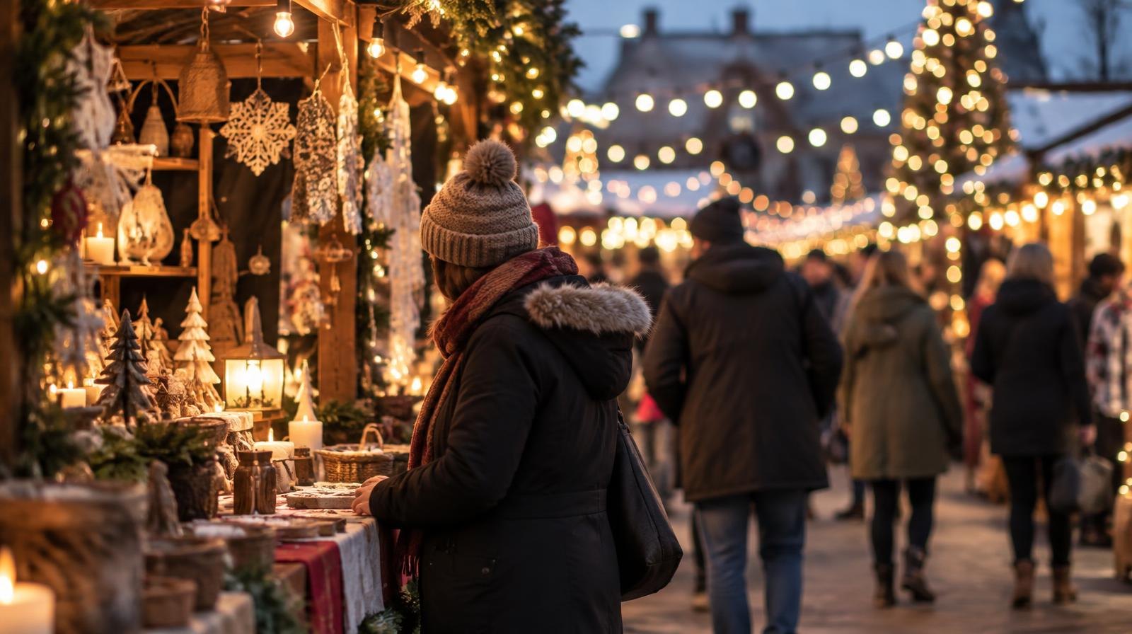 Decorated vendor booths with string lights at an outdoor holiday market.