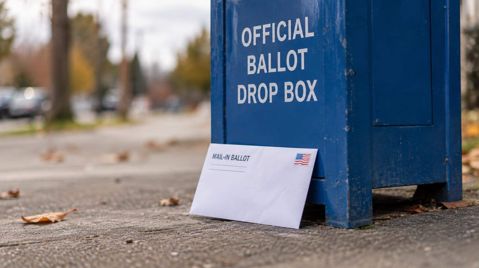 A white mail-in ballot envelope resting next to a blue official ballot drop box on a sidewalk.