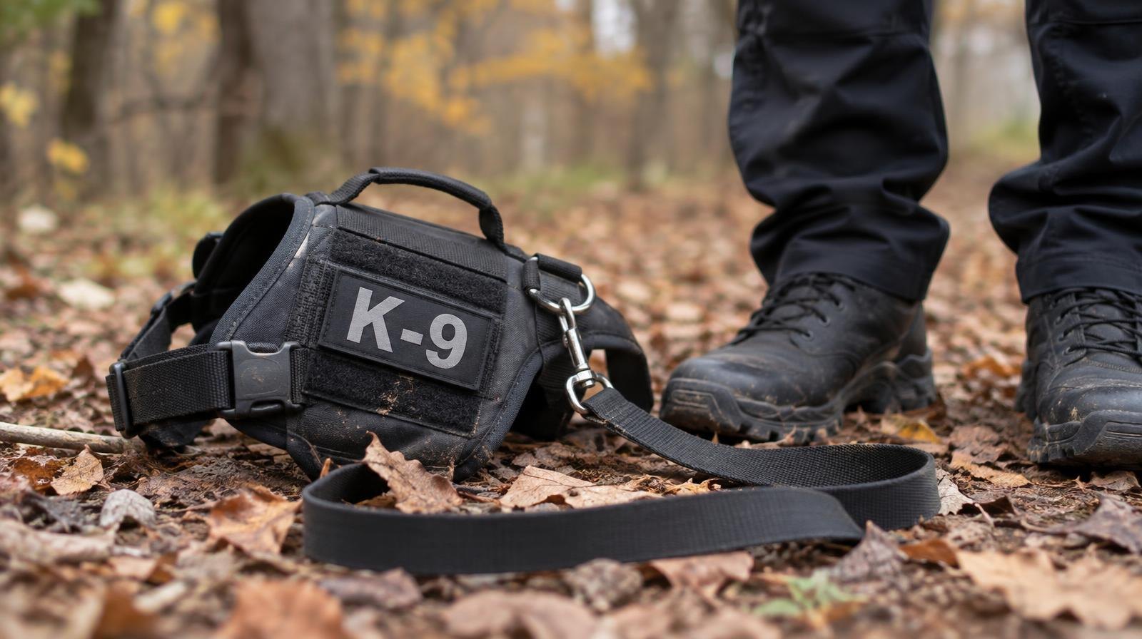 A police K-9 harness and leash on the ground at the edge of an autumn forest.